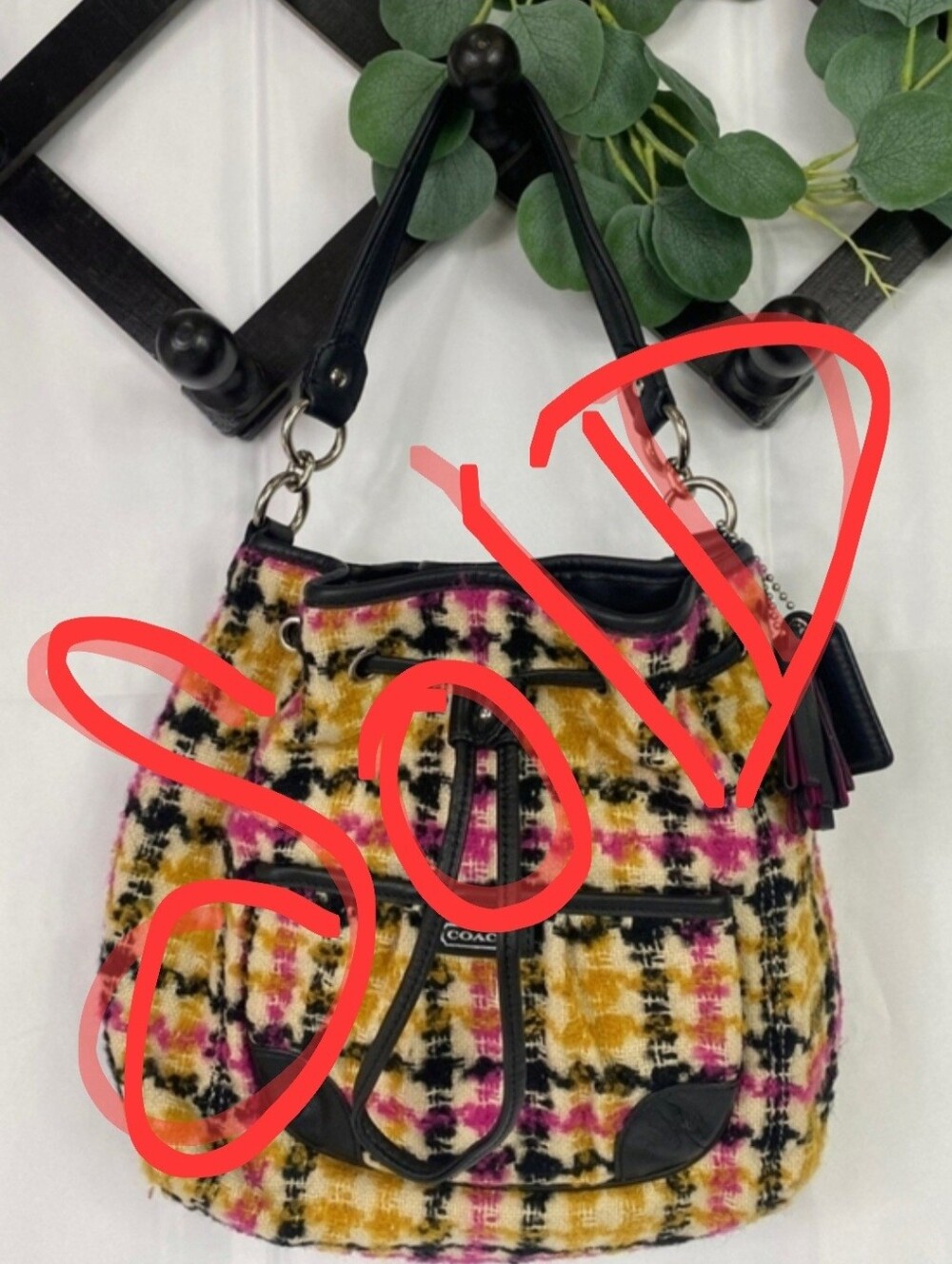 Coach Pink, Mustard & Black Plaid Tweed Drawstring Shoulder Bag